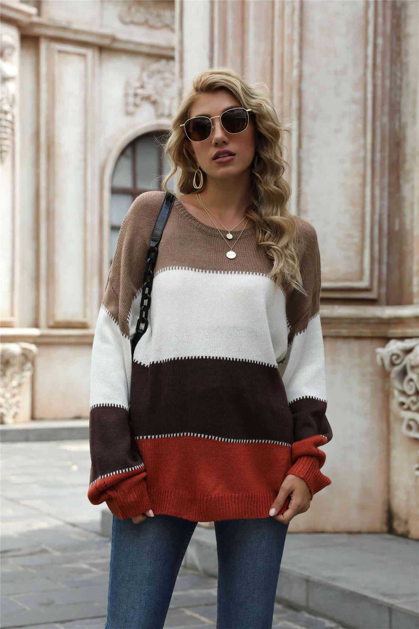 Color Block Round Neck Sweater