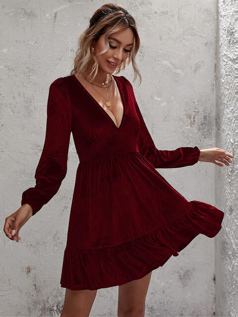 Plunge Long Sleeve Ruffle Hem Dress