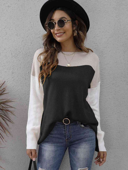 Color Block Round Neck Dropped Shoulder Sweater