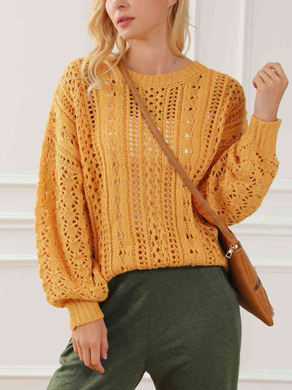 Openwork Round Neck Long Sleeve Sweater