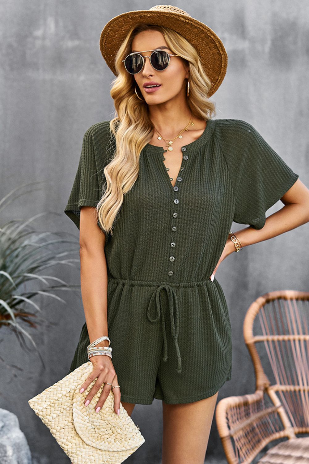 Waffle-Knit Drawstring Waist Romper