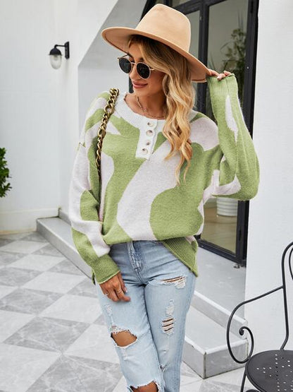 Buttoned Round Neck Drop Shoulder Sweater