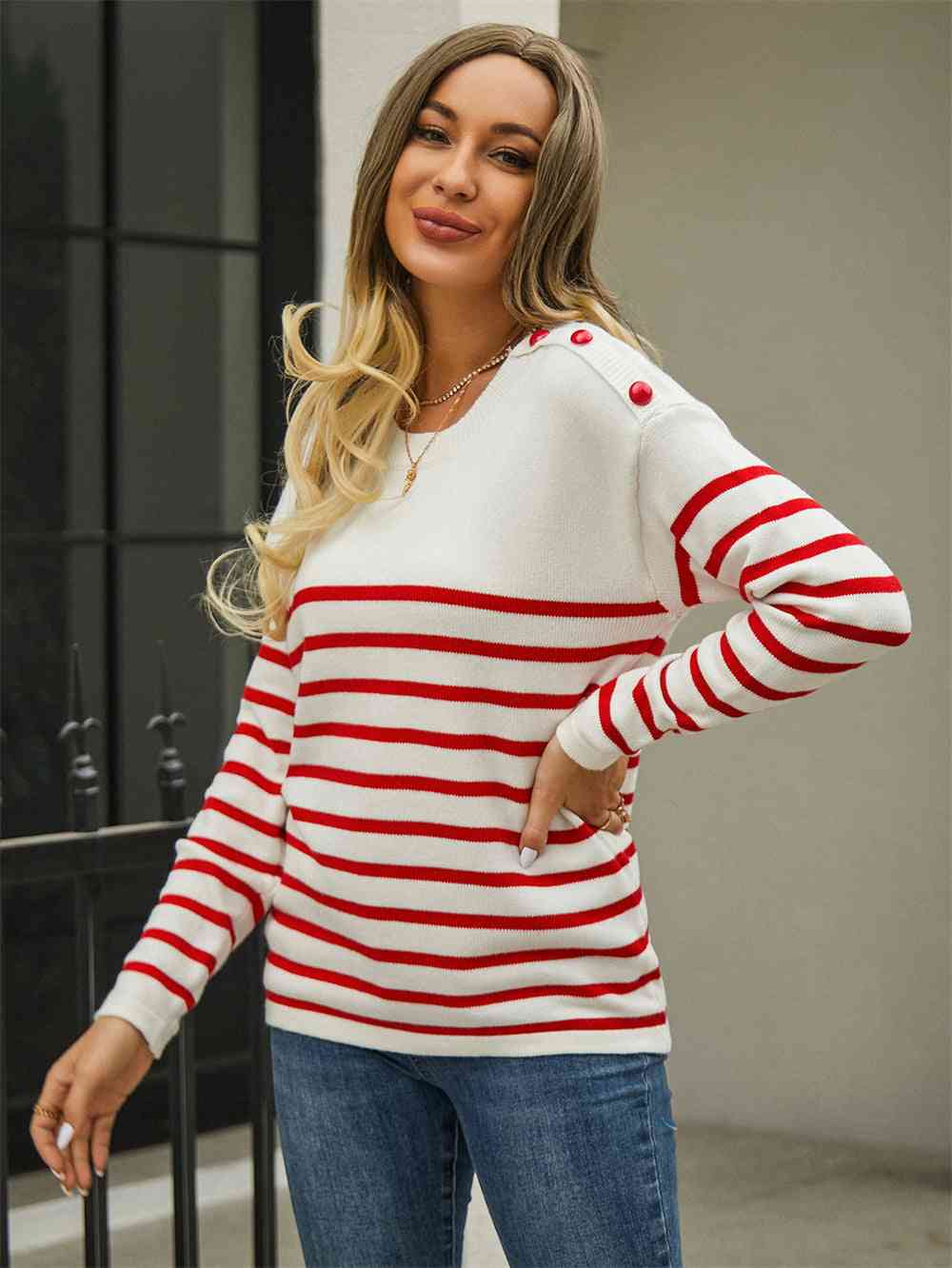 Round Neck Shoulder Button Striped Pullover Sweater