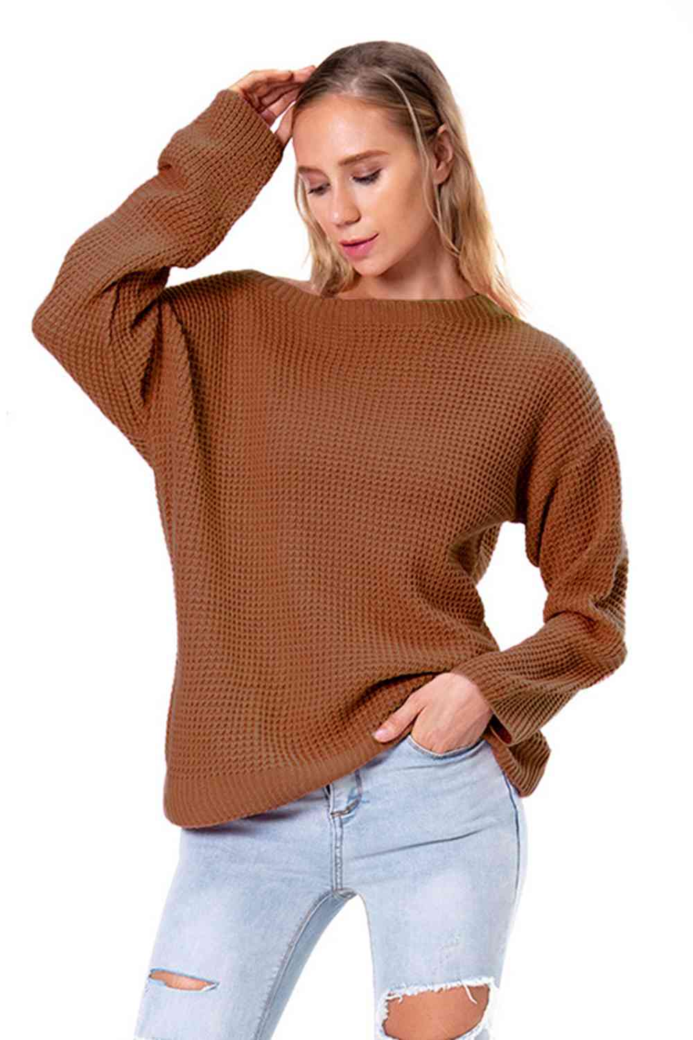 Boat Neck Drop Shoulder Long Sleeve Sweater