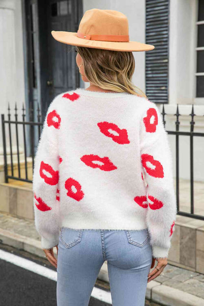 Printed Round Neck Long Sleeve Fuzzy Sweater