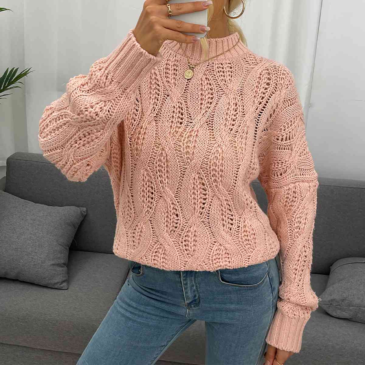 Cable-Knit Mock Neck Long Sleeve Sweater