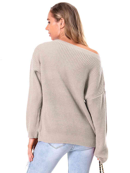 Boat Neck Drop Shoulder Long Sleeve Sweater