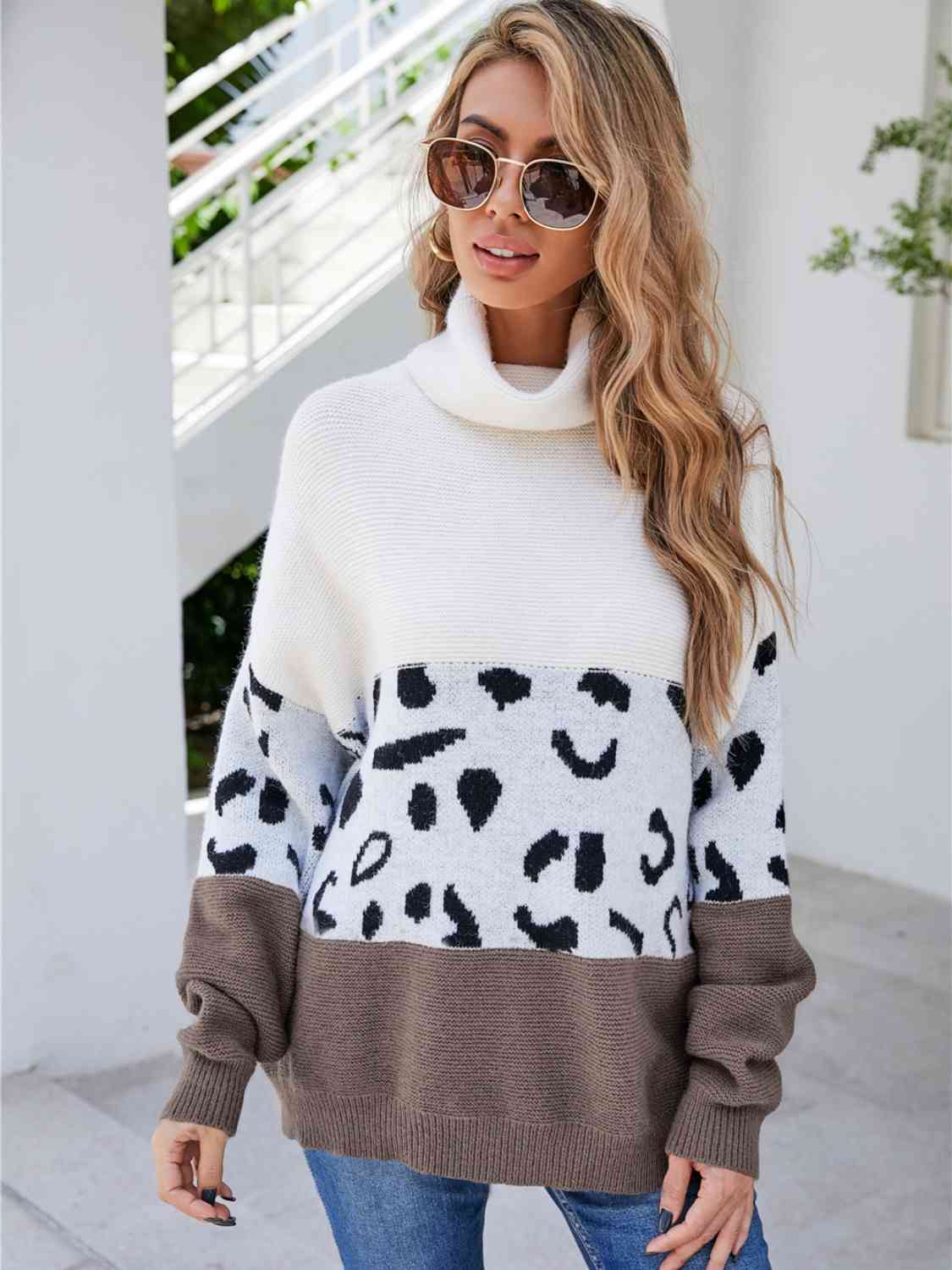 Leopard Color Block Turtleneck Sweater