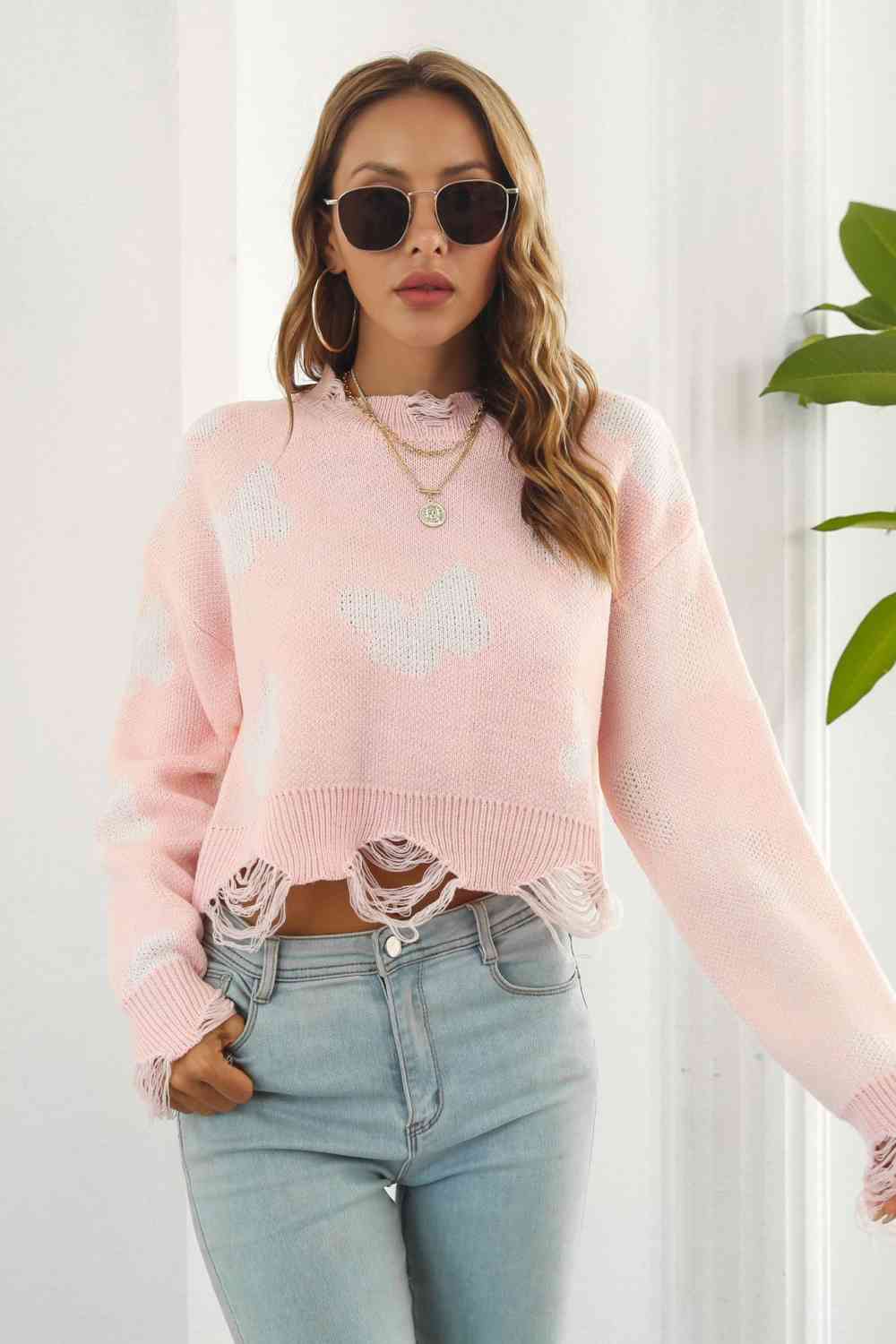 Printed Round Neck Ribbed Long Sleeve Sweater