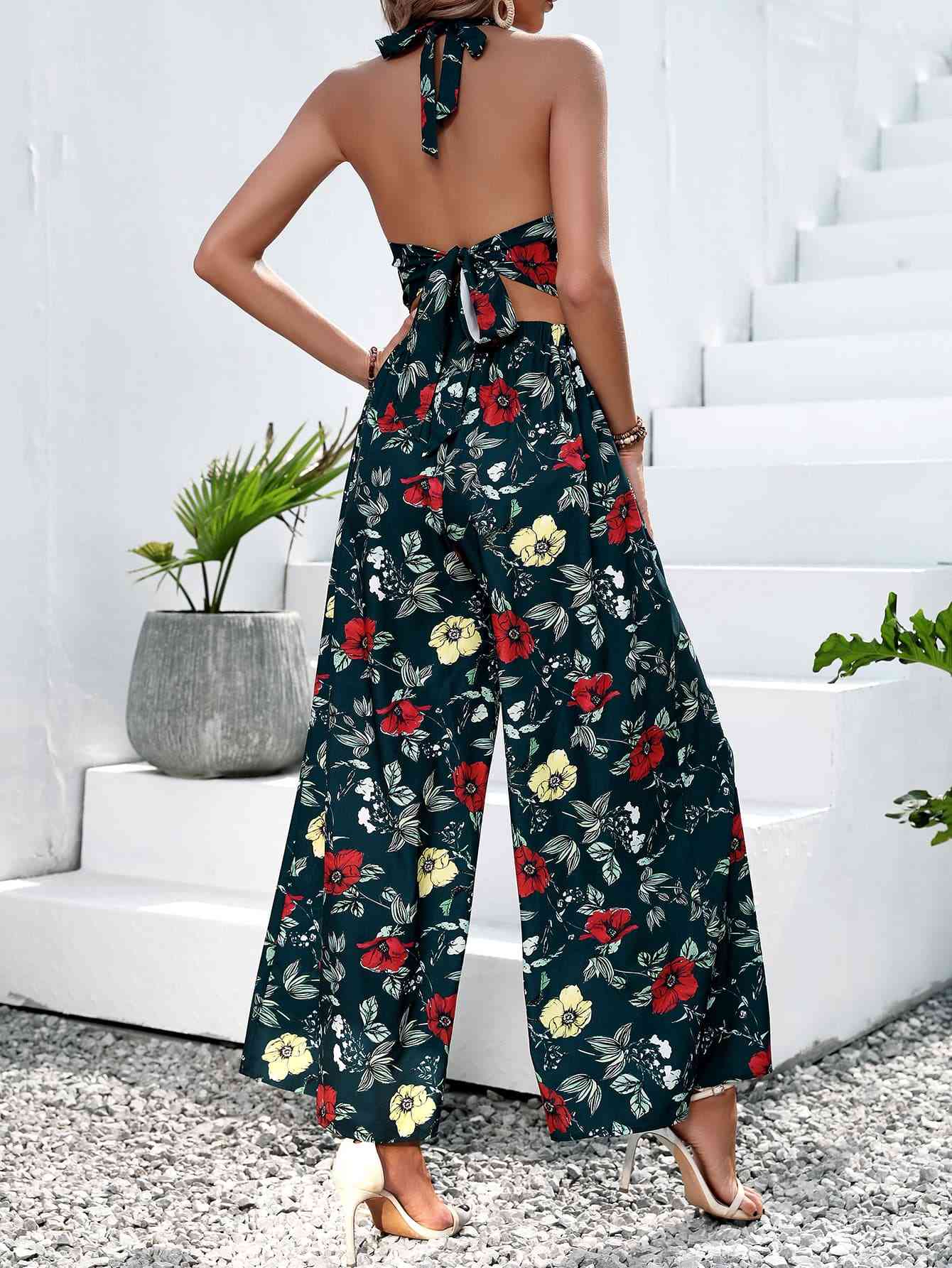 Floral Halter Neck Top and Wide Leg Pants Set