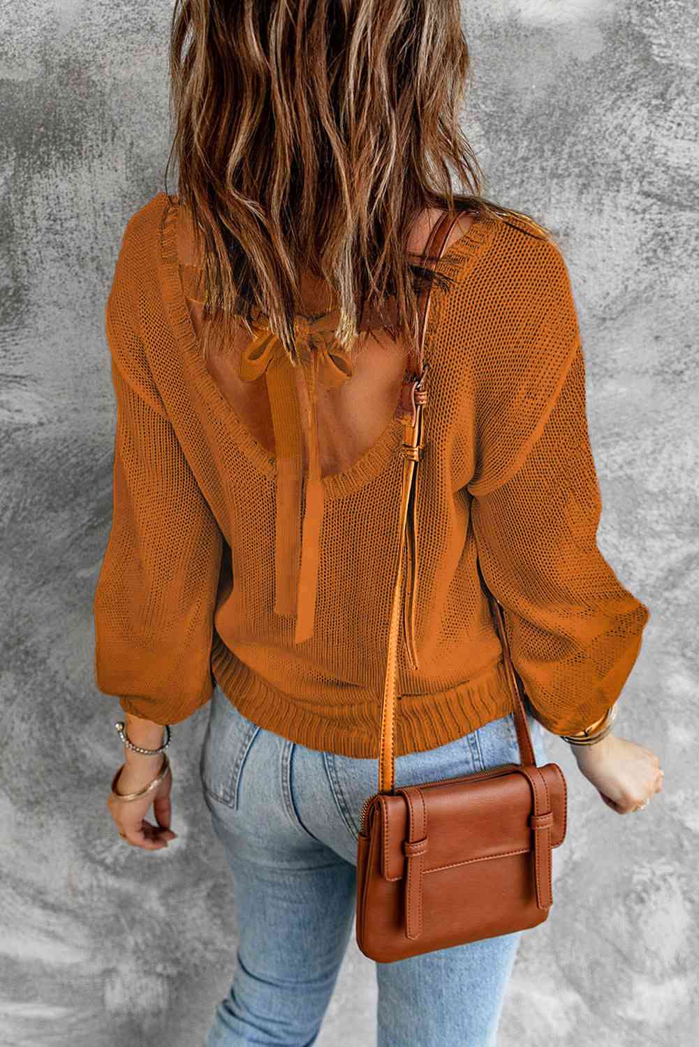 Double Take Tied Balloon Sleeve Round Neck Sweater