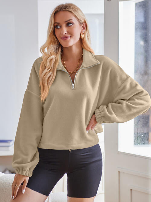 Half Zip Collared Neck Long Sleeve Sweatshirt