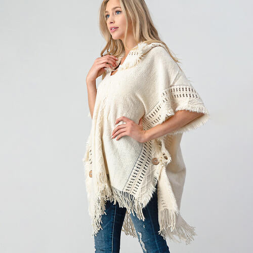 Fringed Crochet Buttoned Hooded Poncho