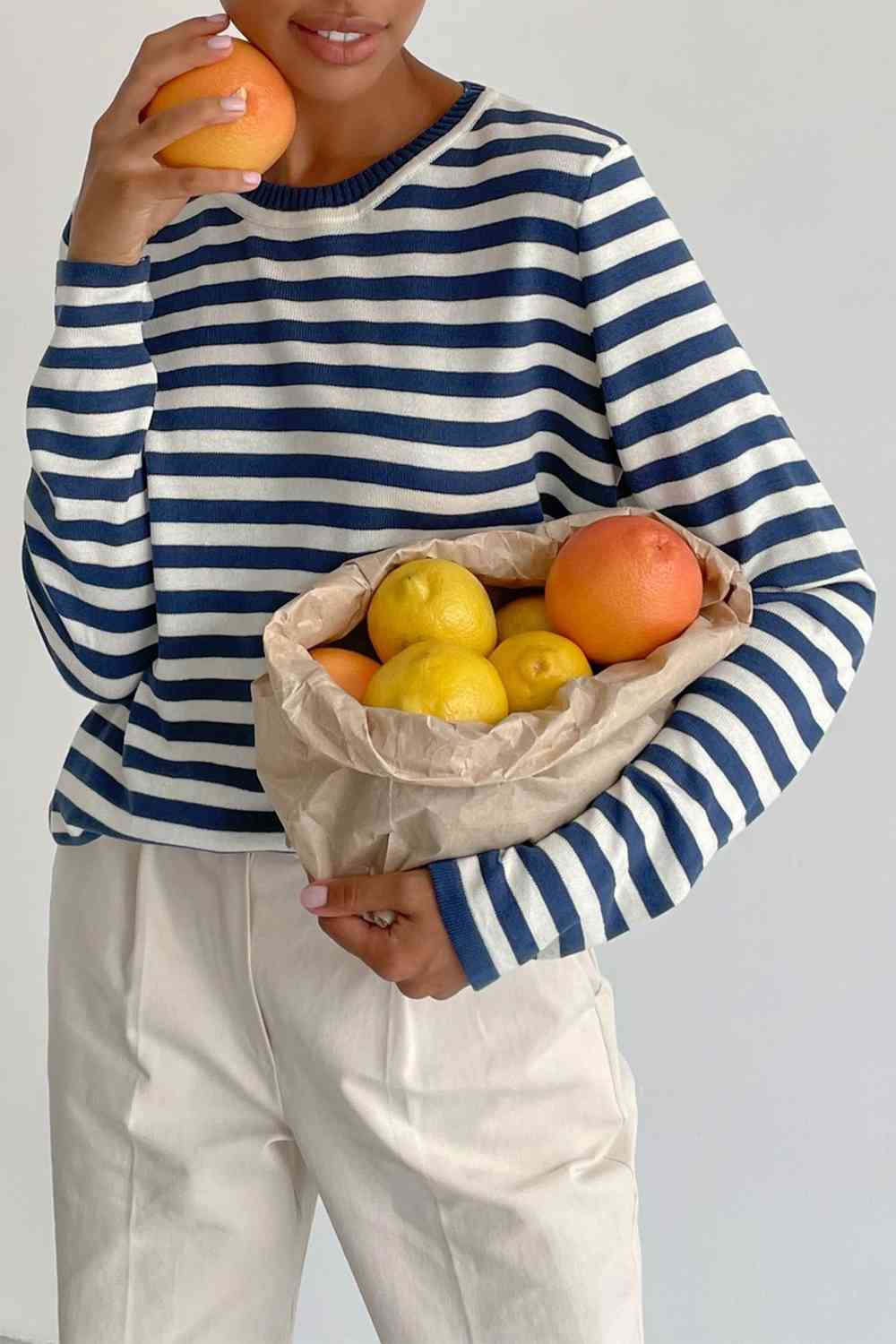 Striped Round Neck Long Sleeve Sweater