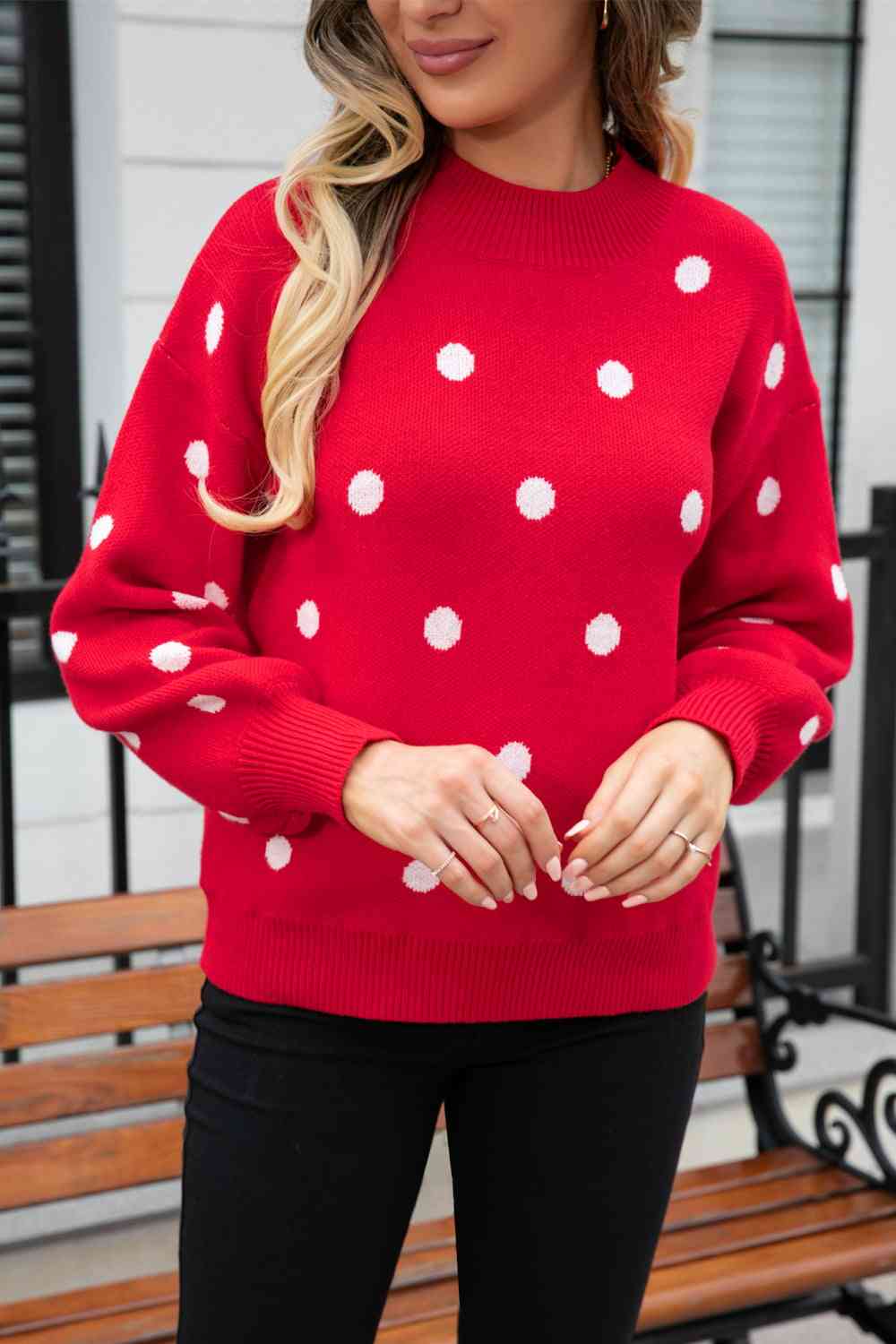 Woven Right Polka Dot Round Neck Dropped Shoulder Sweater