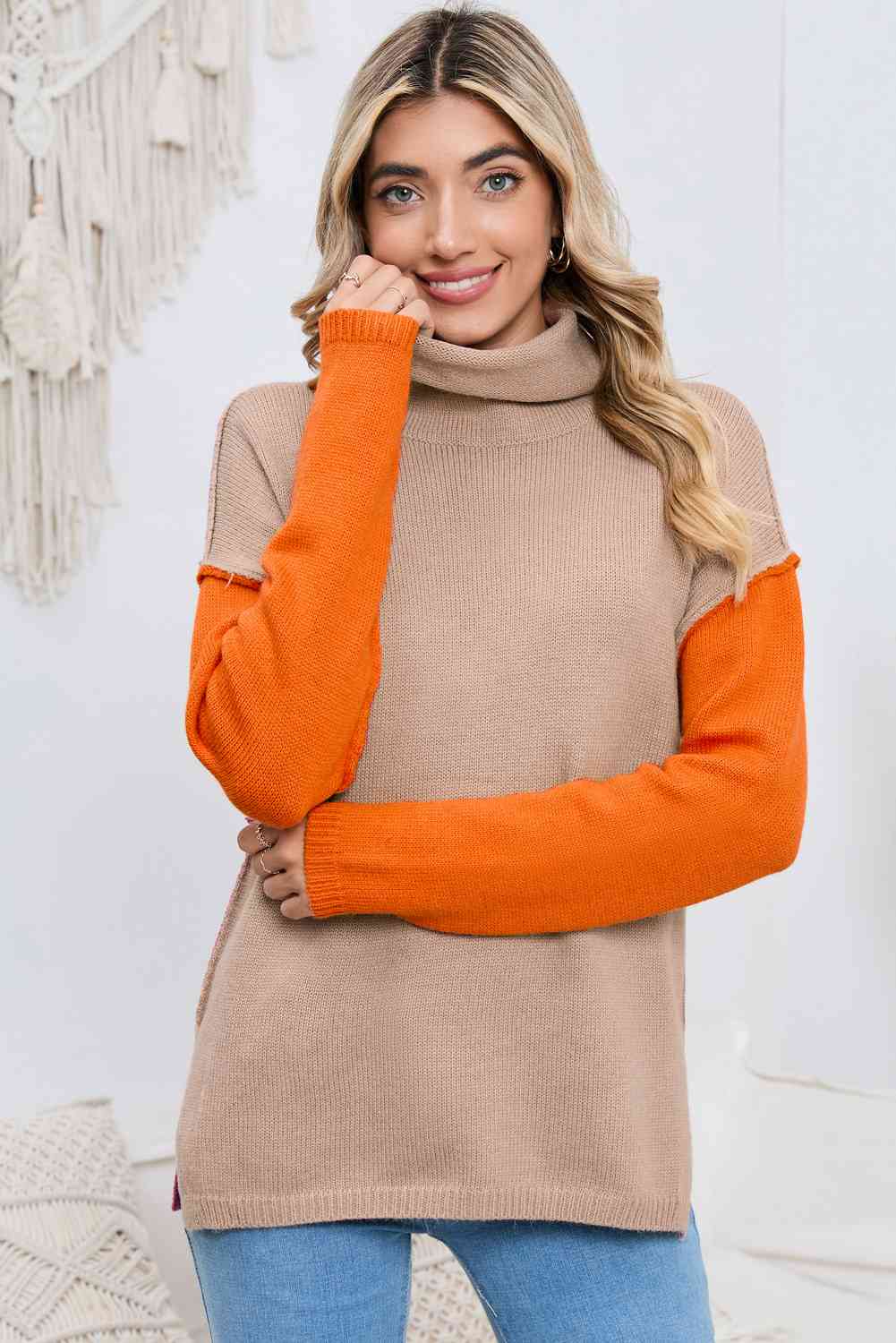 Turtle Neck Dropped Shoulder Slit Sweater