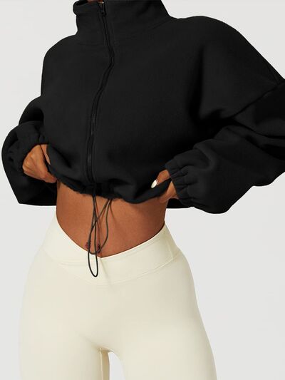 Drawstring Zip Up Dropped Shoulder Sweatshirt