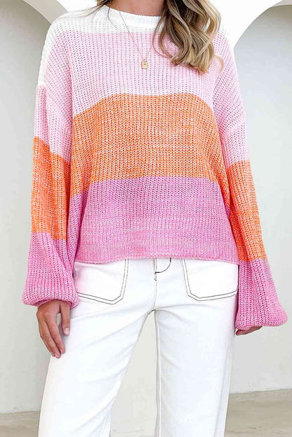 Ribbed Color Block Long Sleeve Sweater