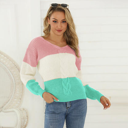 Color Block V-Neck Long Sleeve Sweater