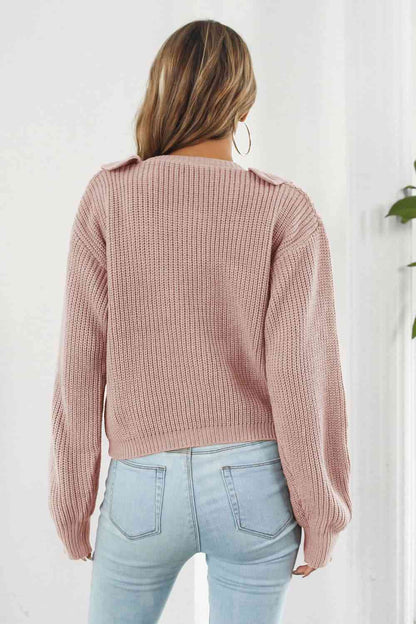 Ruffle Trim Button-Down Dropped Shoulder Sweater