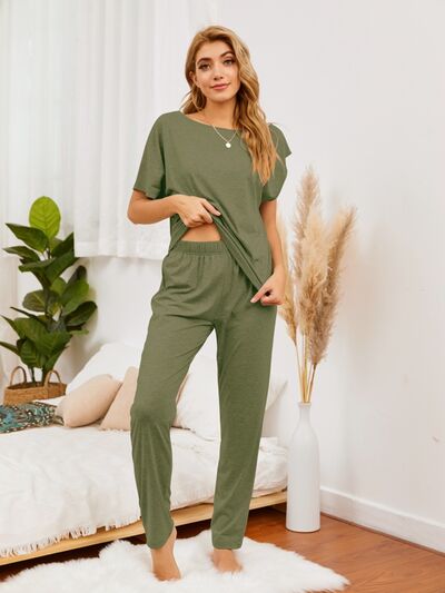 Round Neck Top and Pants Lounge Set