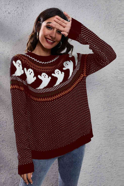 Ghost Pattern Round Neck Long Sleeve Sweater