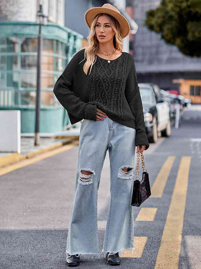 Round Neck Cable-Knit Sweater