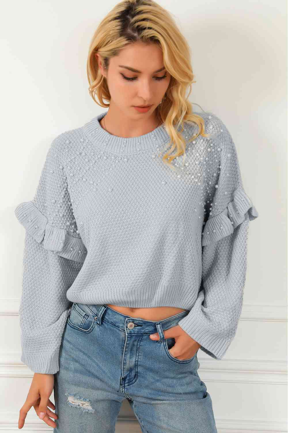 Pearl Trim Ruffled Sweater