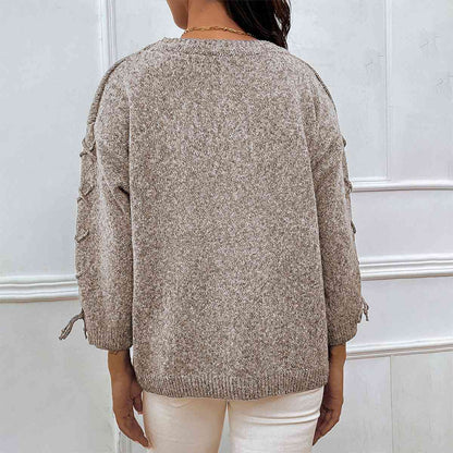 Lace-Up Long Sleeve Round Neck Sweater