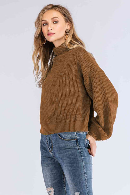 Double Take Turtleneck Rib-Knit Dropped Shoulder Sweater