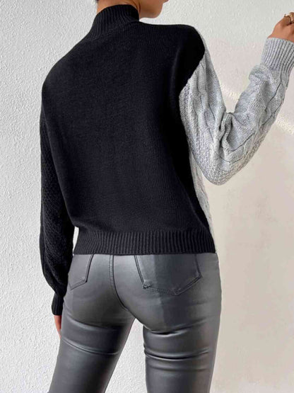 Contrast Mock Neck Cable-Knit Sweater