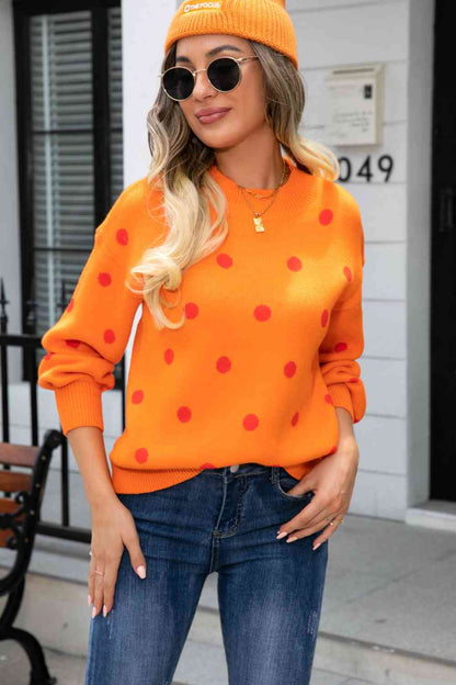 Woven Right Polka Dot Round Neck Dropped Shoulder Sweater