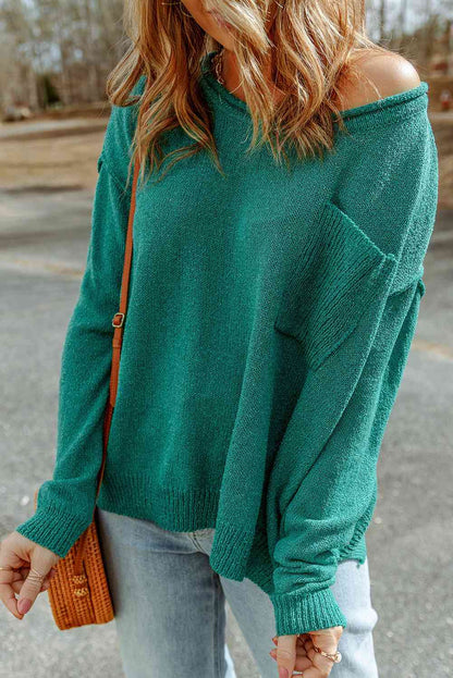 Dropped Shoulder Boat Neck Sweater Pullover with Pocket