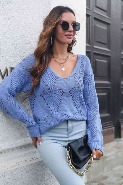 Openwork V-Neck Dropped Shoulder Sweater