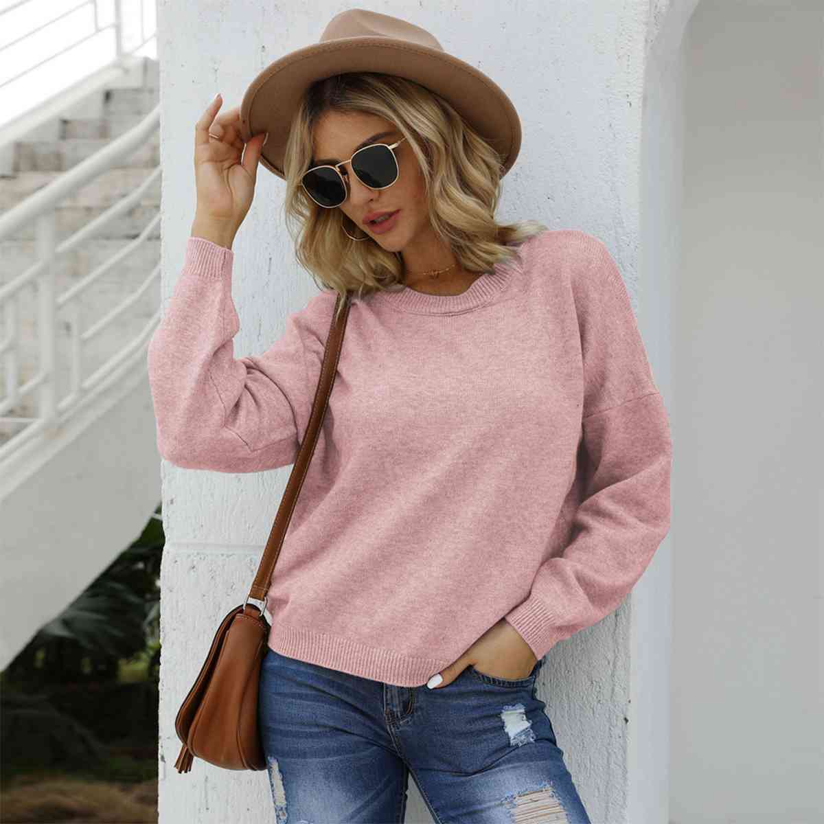 Round Neck Long Sleeve Drop Shoulder Sweater