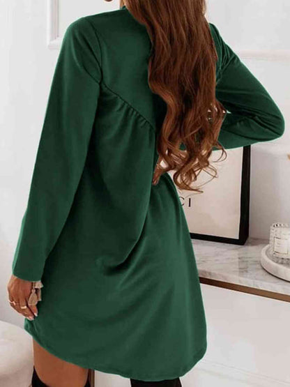 Ruched Round Neck Long Sleeve Dress