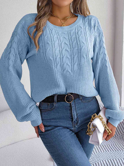 Cable-Knit Round Neck Drop Shoulder Sweater