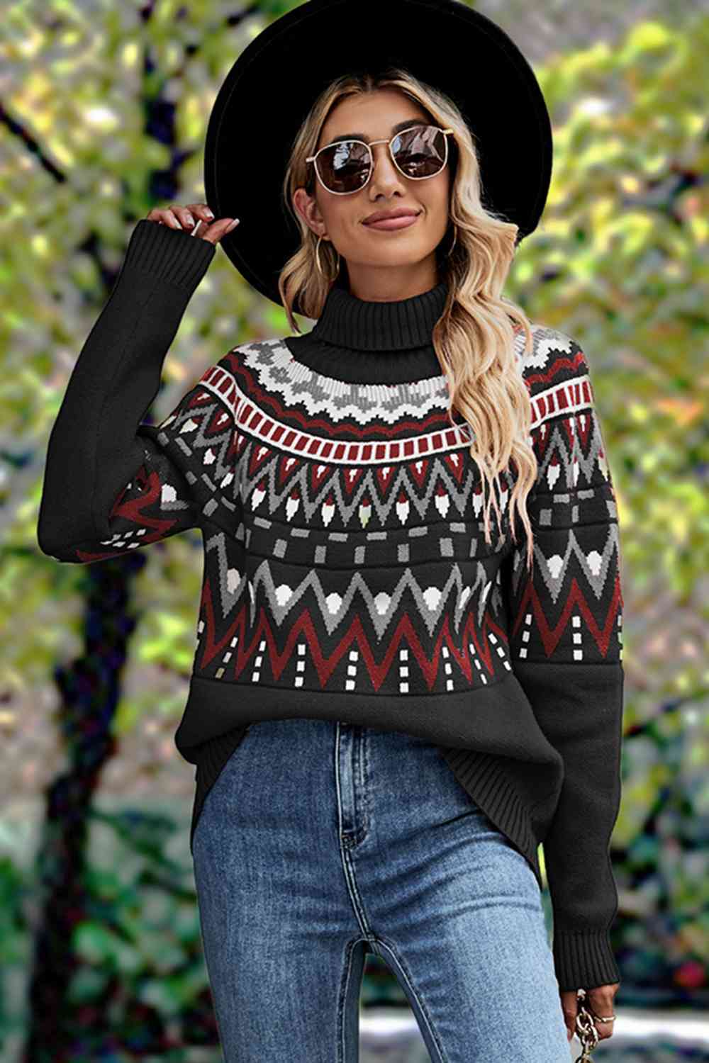 Geometric Turtleneck Long Sleeve Sweater