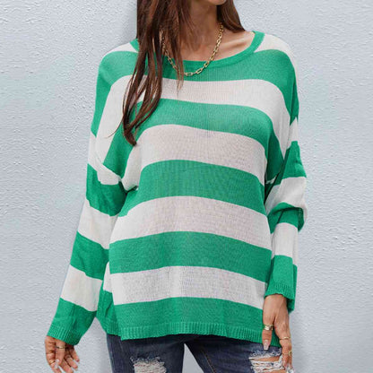 Striped Boat Neck Round Neck Sweater