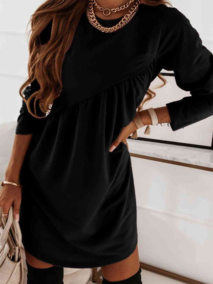 Ruched Round Neck Long Sleeve Dress