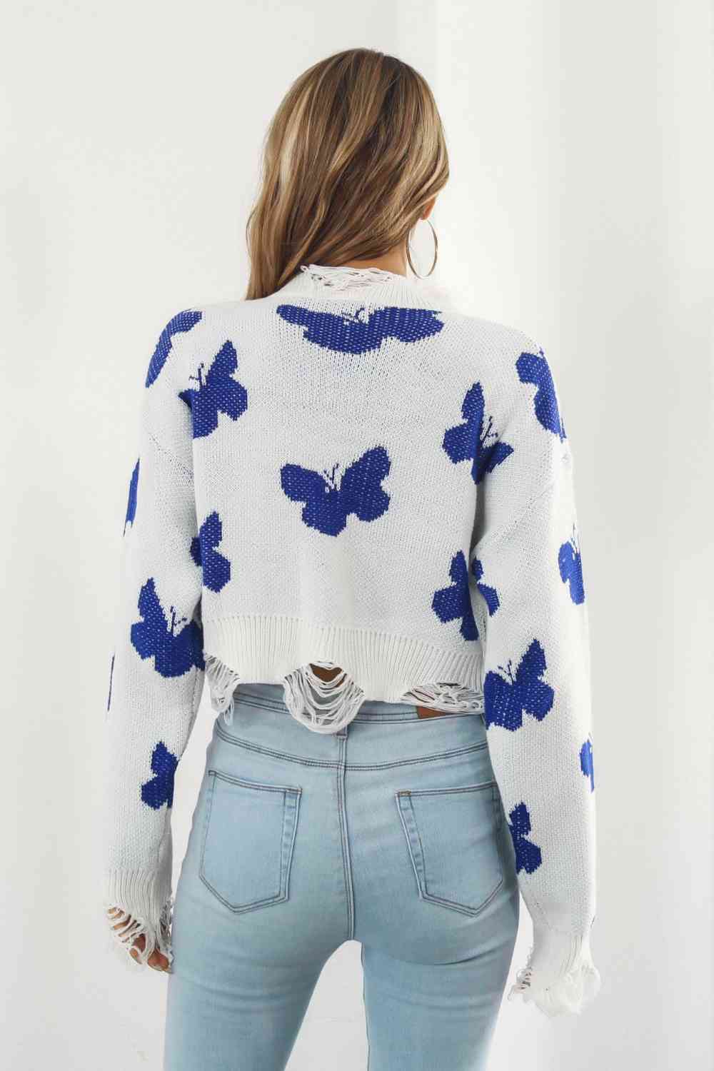 Printed Round Neck Ribbed Long Sleeve Sweater