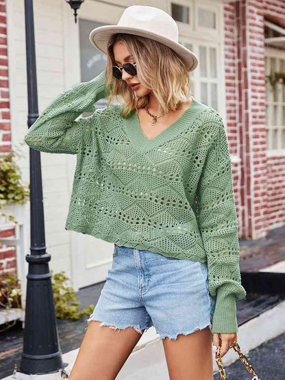 V-Neck Openwork Long Sleeve Sweater