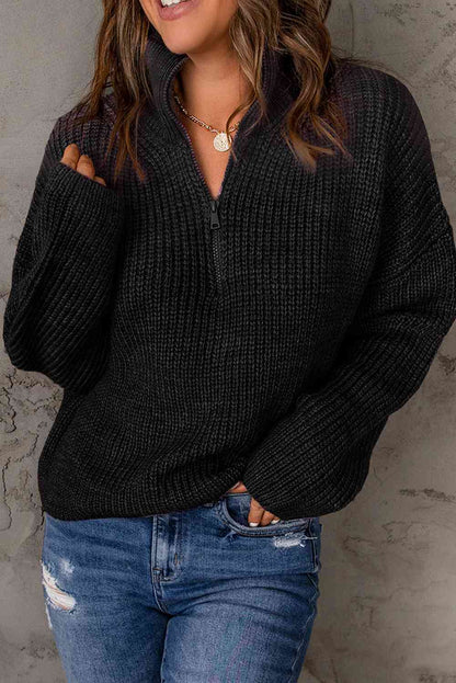 Woven Right Half Zip Rib-Knit Dropped Shoulder Sweater