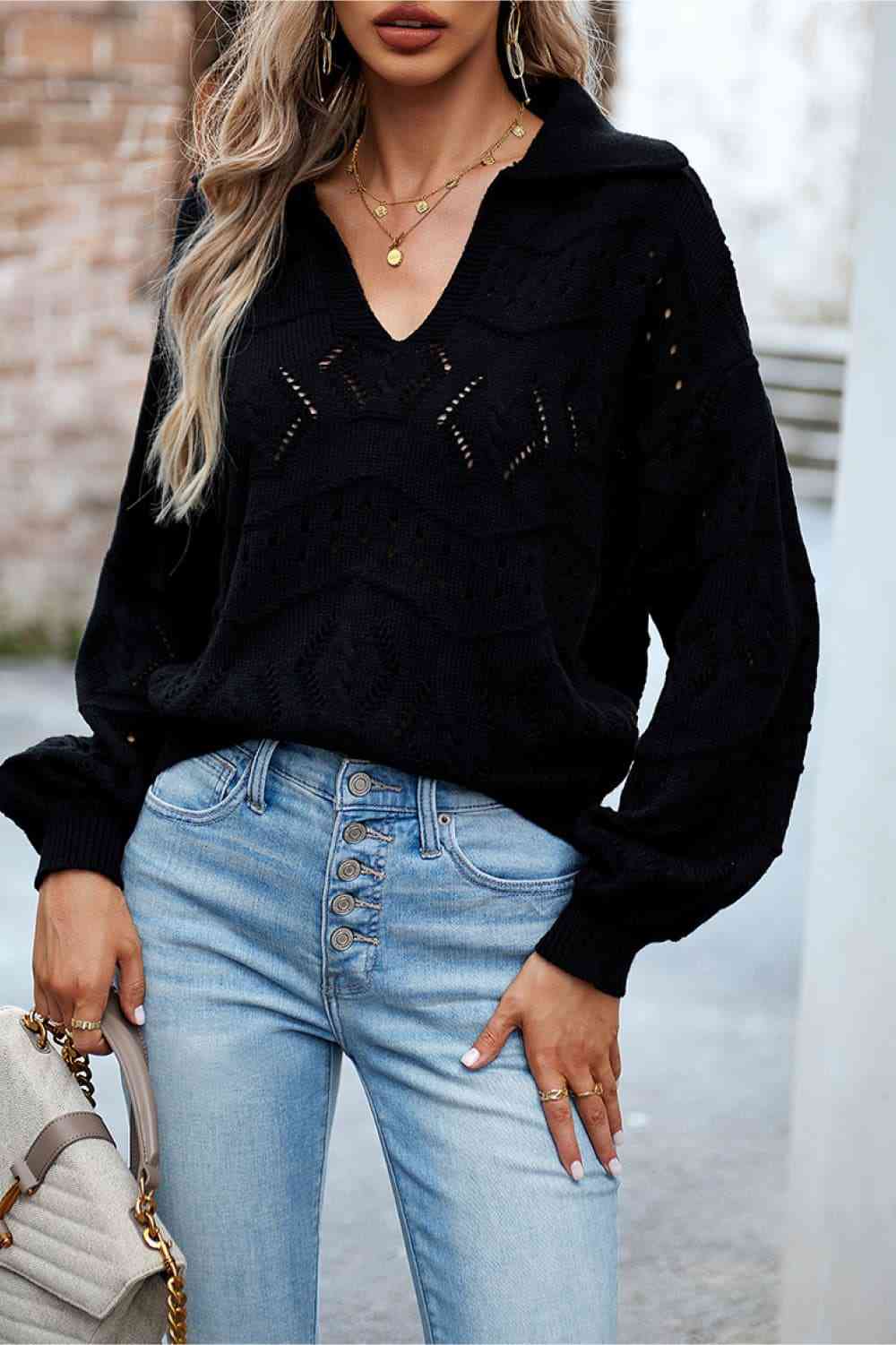 Openwork Long Sleeve Notched Neck Sweater