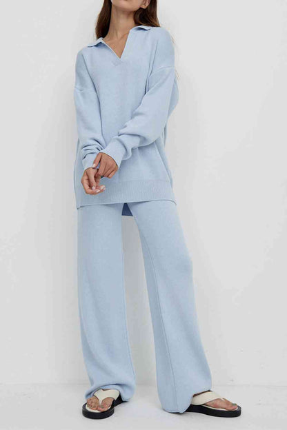 Dropped Shoulder Sweater and Long Pants Set