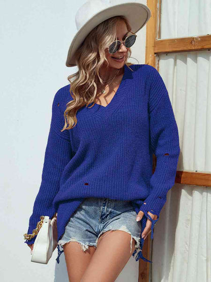 Distressed V-Neck Drop Shoulder Sweater