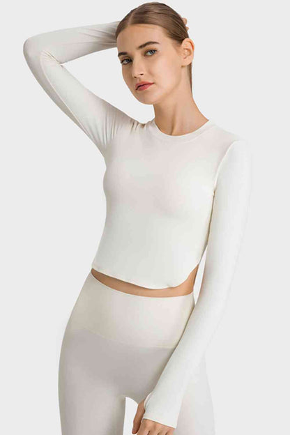 Side Slit Long Sleeve Round Neck Crop Top