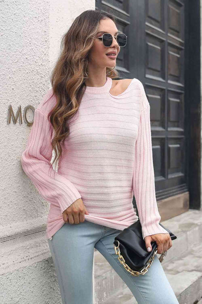 Ribbed Cold Shoulder Round Neck Pullover Sweater