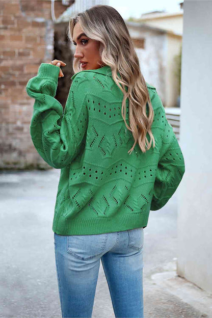 Openwork Long Sleeve Notched Neck Sweater