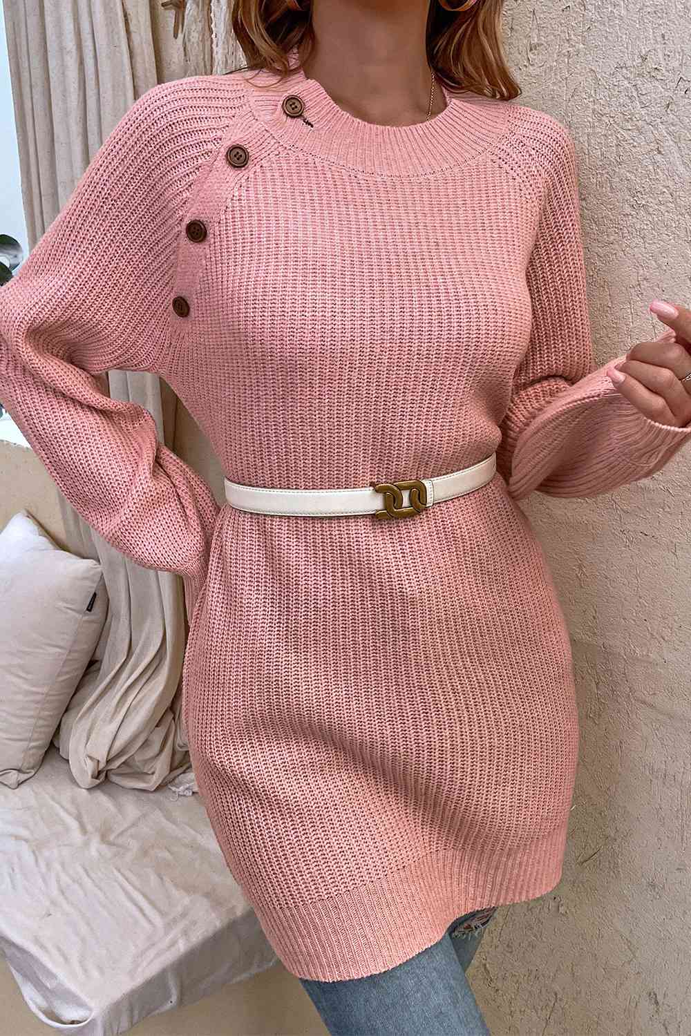 Round Neck Button Detail Ribbed Sweater